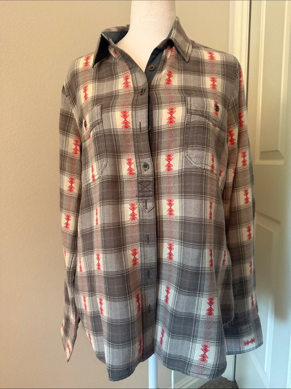 Sundance Gray Plaid Button-Down Shirt with Red Accents